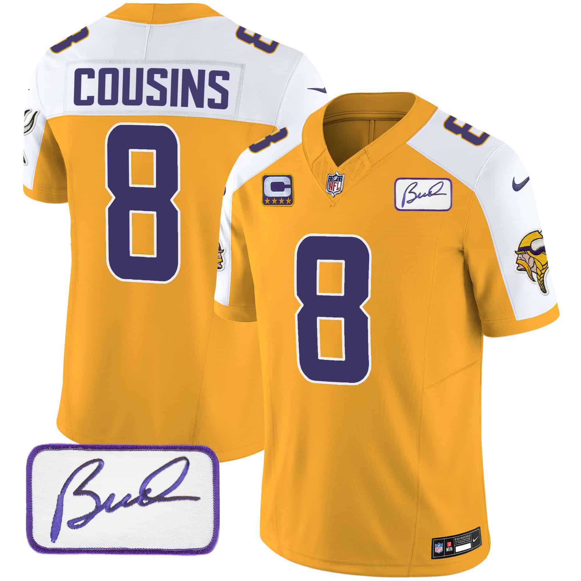 Men Minnesota Vikings #8 Cousins Yellow 2024 Nike Bud Grant Patch Classic Limited NFL Jersey style 1